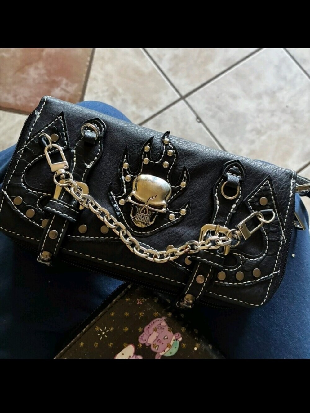 Black Studded Leatherette Clutch with Skull and Chain Accent